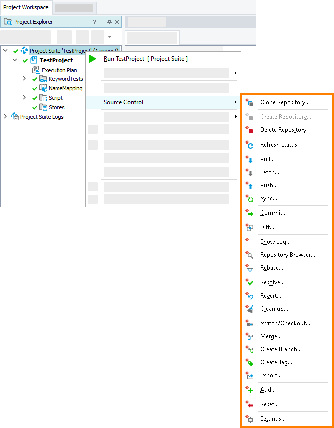 Items of the Source Control menu with TortoiseGit integration enabled.