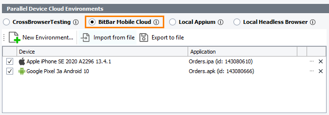 The Parallel Device Cloud Environments panel - The BitBar Mobile Cloud mode