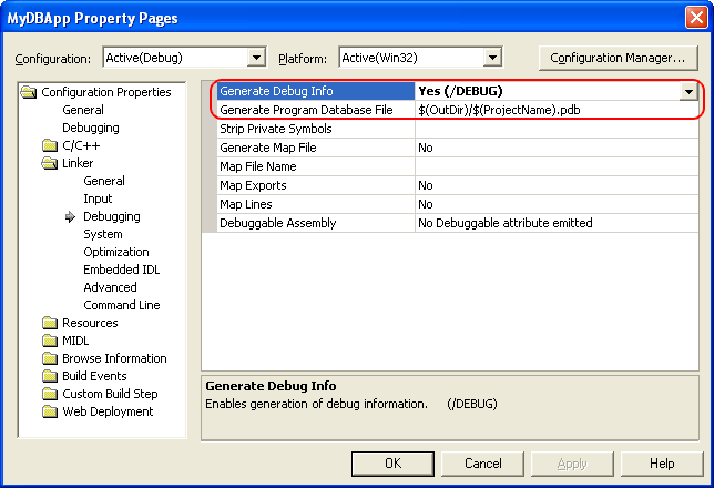 Project Properties: Debugging property page