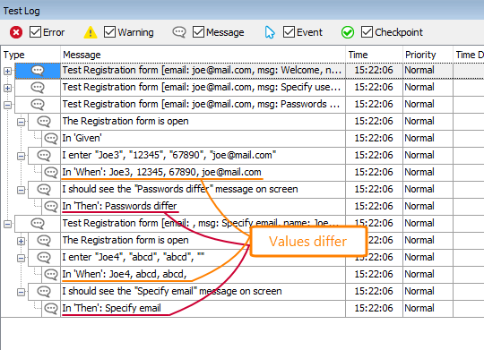 Parameter values in the test log