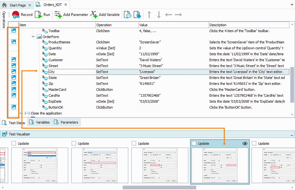 Keyword test operations with the captured screenshots in the Visualizer panel