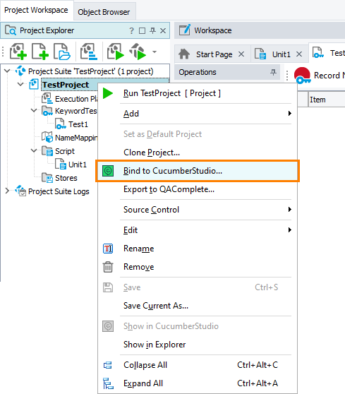 Bind to CucumberStudio item in the context menu
