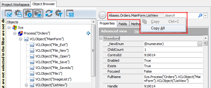 Copying the object name from the Object Browser Copying the object name from the Object Browser