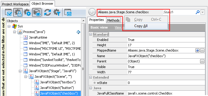 Copying the object name from the Object Browser Copying the object name from the Object Browser