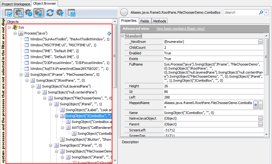 A view of a Java application in the object tree A view of a Java application in the object tree