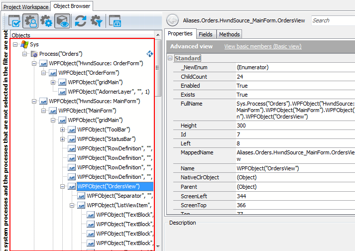 A view of a WPF application in the object tree A view of a WPF application in the object tree