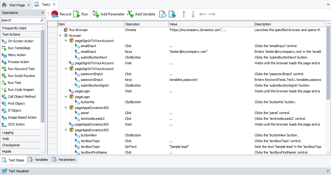 The recorded keyword test that simulates user actions over the Sales app Recorded keyword test that simulates user actions over the Sales app