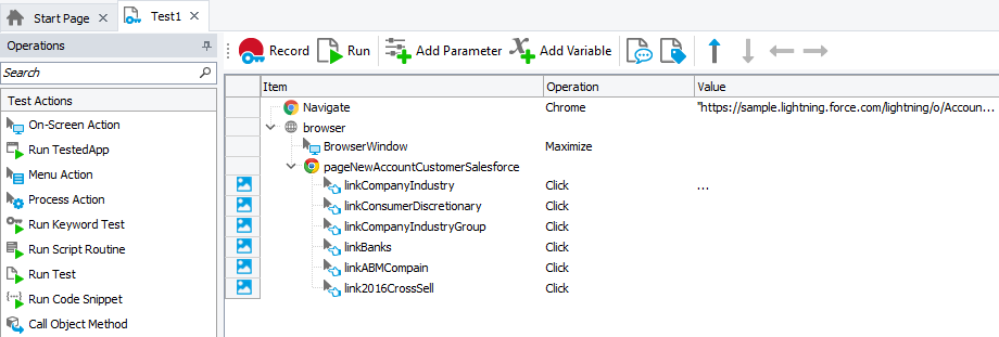 The recorded keyword test that simulates user actions over the Salesforce web interface Recorded keyword test that simulates user actions over the Salesforce web interface