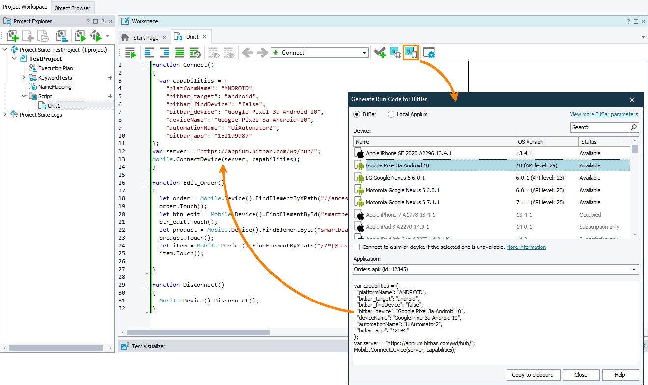 Adding code that connects to BitBar and opens a testing session Adding code that connects to BitBar and opens a testing session