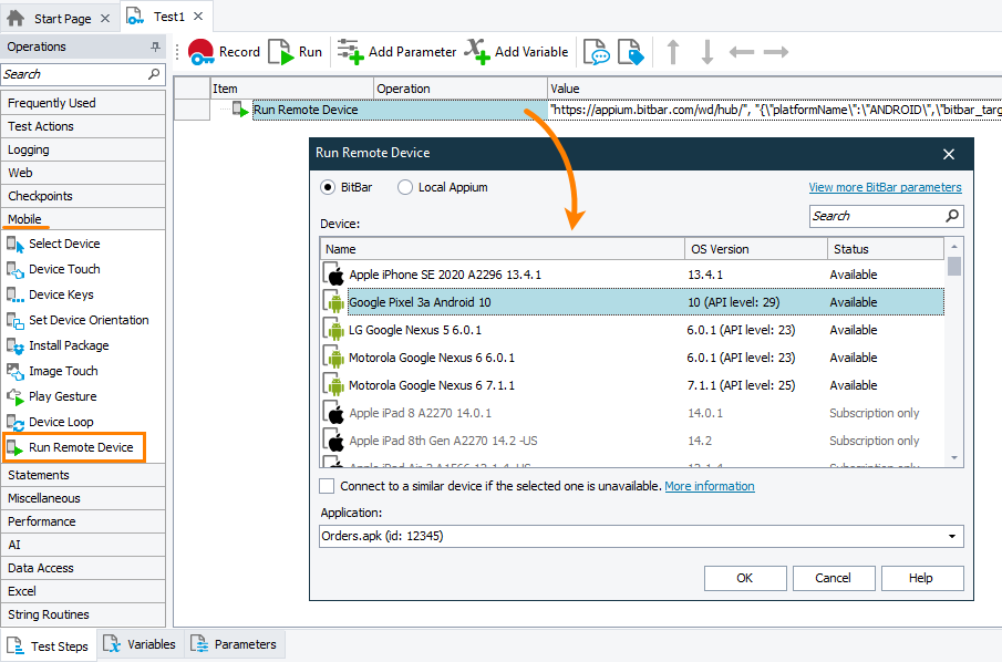 Connecting to the BitBar mobile device cloud from a keyword test Connecting to the BitBar mobile device cloud from a keyword test