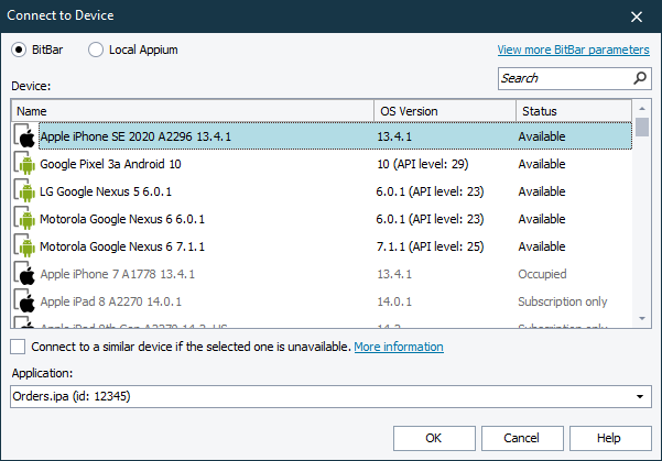 Connect to Device dialog Connect to Device dialog