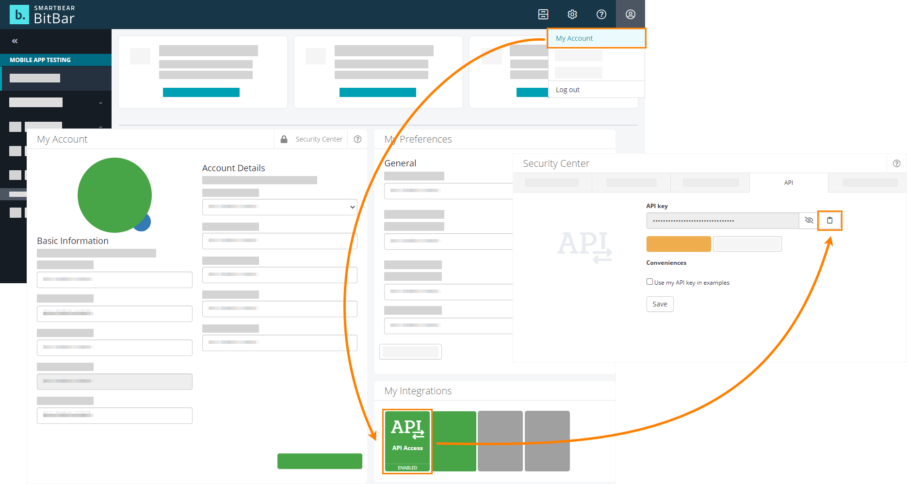 Copying the BitBar API key Copying the BitBat API key