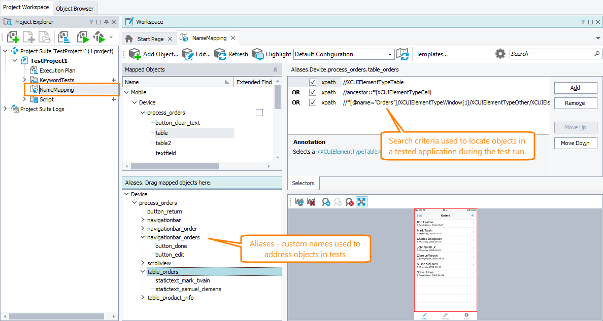 A mobile object in the Name Mapping repository A mobile object in the Name Mapping repository
