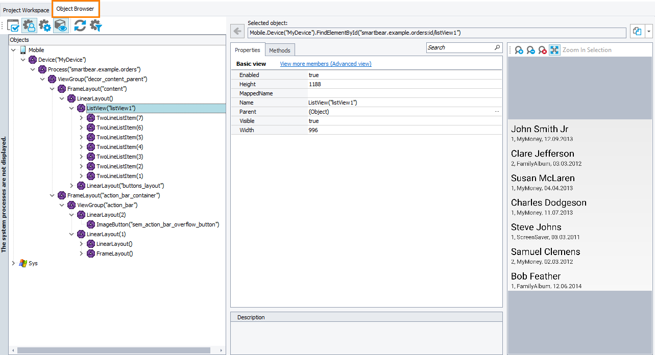 Explore your tested mobile application in the Object Browser Explore your tested mobile application in Object Browser
