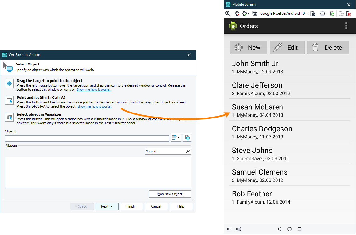 Selecting a tested object in the Mobile Screen window Selecting a tested object in the Mobile Screen window