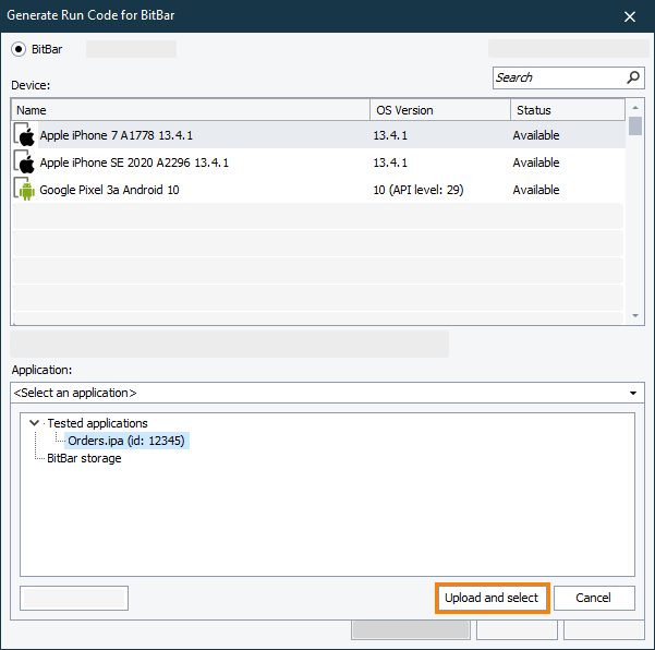 Uploading a mobile application to the BitBar Files Library from the Generate Run Code dialog Uploading a mobile application to the BitBar Files Library from the Generate Run Code dialog