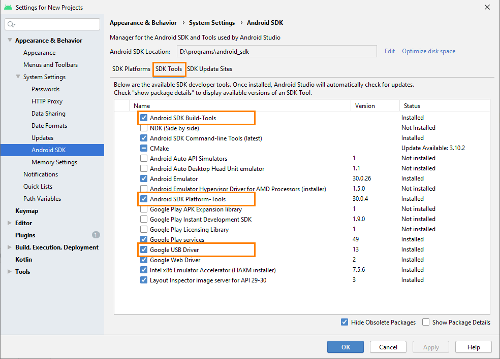 Android SDK Manager: The SDK Tools tab Android SDK Manager: The SDK Tools tab