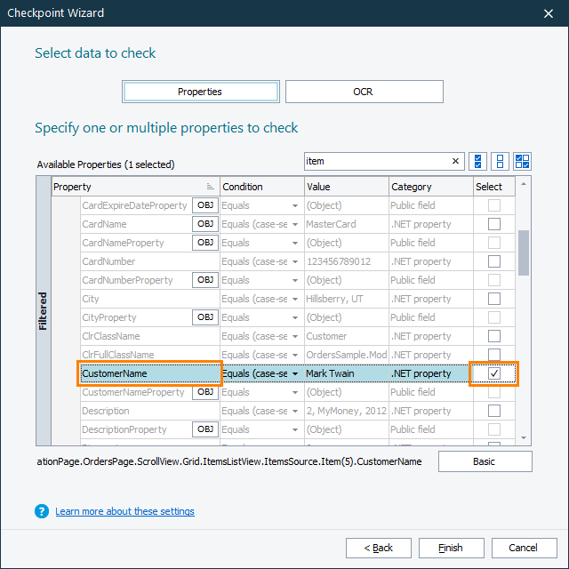 Testing Xamarin.Forms applications tutorial: Selecting the property to check Testing Xamarin.Forms applications tutorial: Selecting the property to check