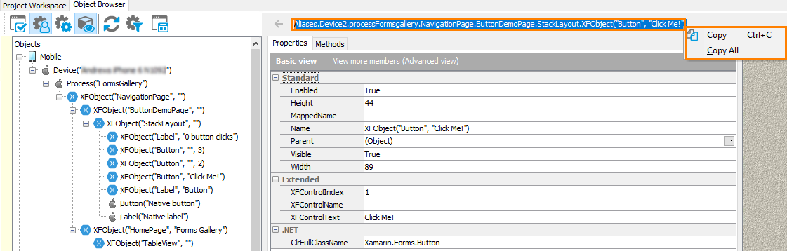 Xamarin.Forms testing: Copying an object name from the Object Browser Xamarin.Forms testing: Copying object name from the Object Browser