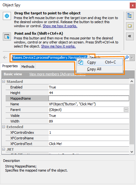 Xamarin.Forms testing: Copying an object name from the Object Spy window Xamarin.Forms testing: Copying object name from the Object Spy