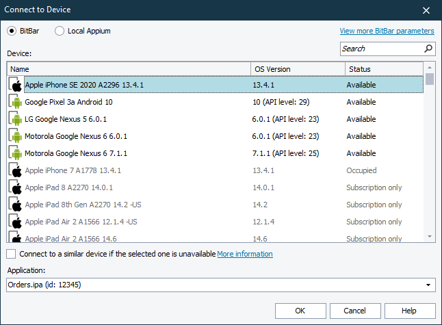 Select BitBar Device dialog Select BitBar Device dialog