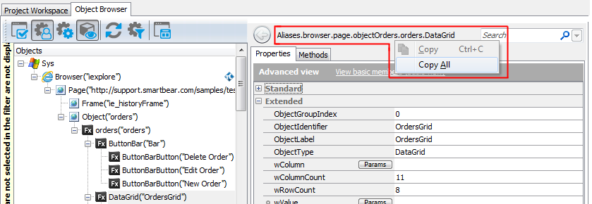 Copying the object name from the Object Browser Copying the object name from the Object Browser