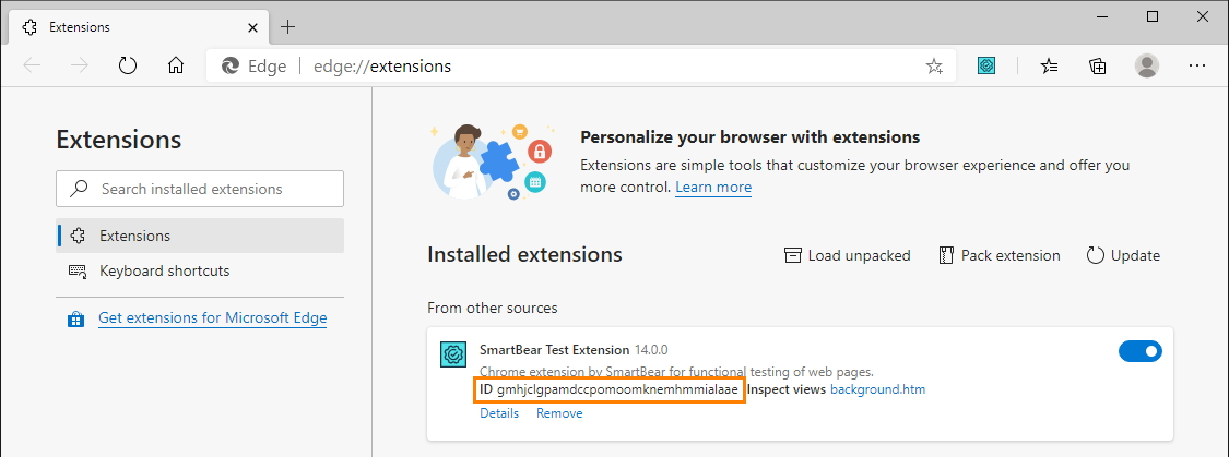 Checking the extension ID in Edge Checking the extension ID in Edge