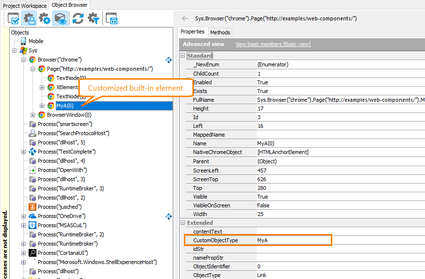 Customized built-in element Testing web applications that use Web Components in TestComplete: Customized built-in element
