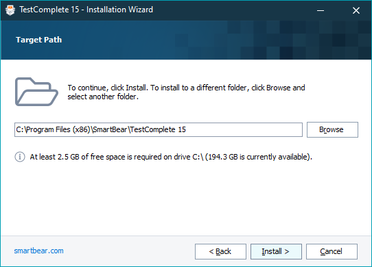TestComplete Installation Wizard - Choose Destination Location TestComplete Installation Wizard - Choose Destination Location