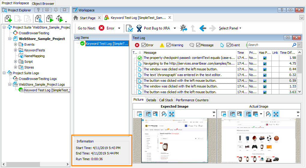 The Information panel of the test log What's new in TestComplete 14.10: Information panel of the test log