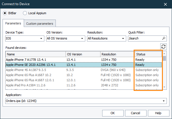 Checking mobile device status in the Connect to Device dialog Checking mobile device status in the Connect to Device dailog