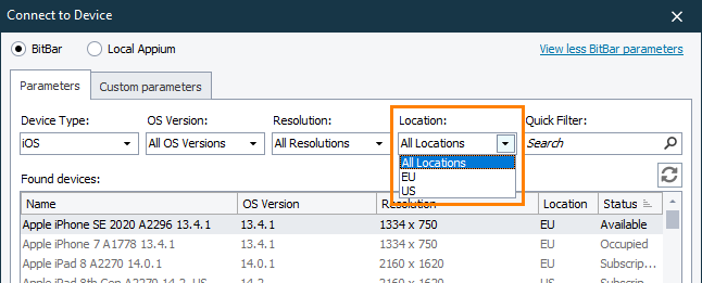 Selecting the location of the BitBar devices Selecting the location of the BitBar devices