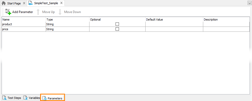 Created parameters on the Parameters page of the test Created parameters on the Parameters page of the test