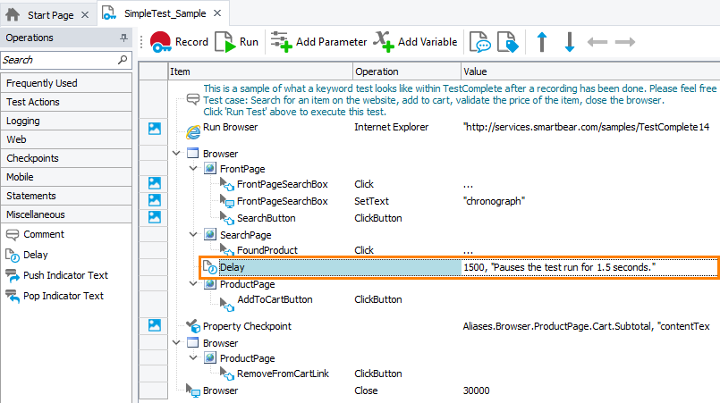 Delay operation in a keyword test Delay operation in a keyword test