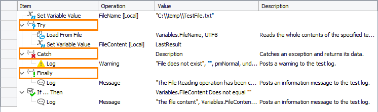 The example of using the Try, Catch, and Finally operations The example of using the Try, Catch, and Finally operations