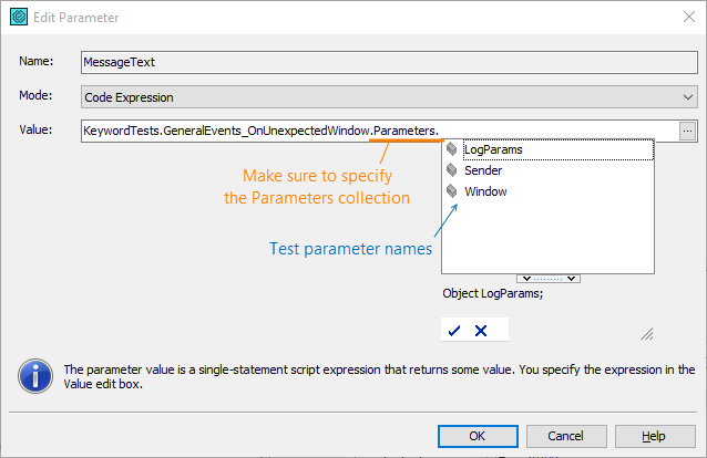 Setting operation parameters using a code expression Automated testing with TestComplete: Setting operation parameters using a code expression