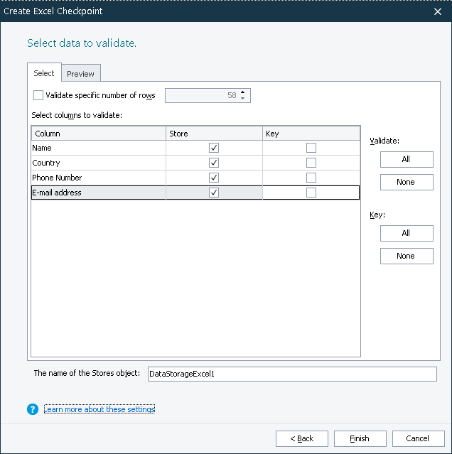 Excel Checkpoints: The Select Data to Validate page of the Excel Checkpoint wizard Excel Checkpoints: The Select Data to Validate page of the Excel Checkpoint wizard