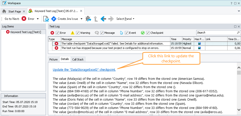 Updating an Excel checkpoint from the test log Updating a Excel checkpoint from the test log