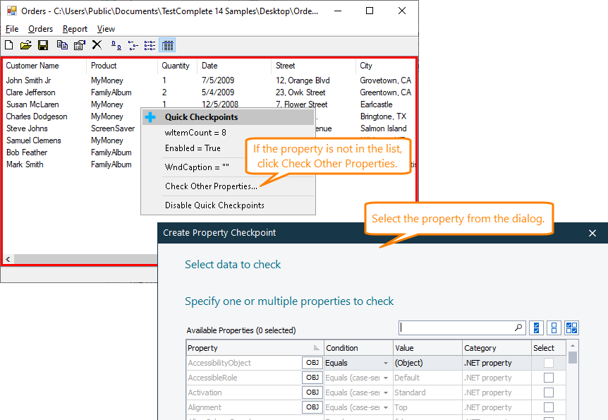 Quick Checkpoints: Selecting other properties to check Quick Checkpoints: Selecting other properties to check
