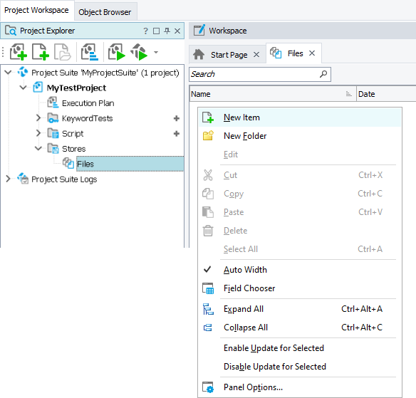 Adding a file to the Files collection Adding a file to the Files collection in the TestComplete project