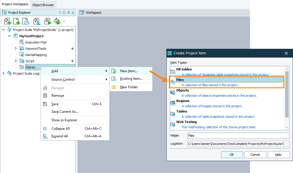 Add Files collection Add Files collection to a TestComplete project