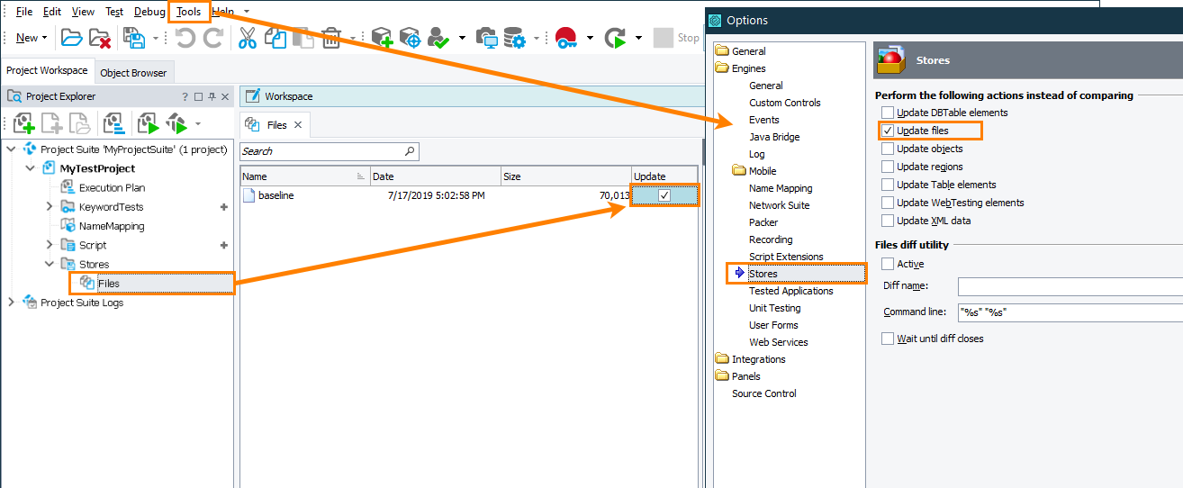 Enabling the update mode TestComplete PDF file comparison - Enable update mode