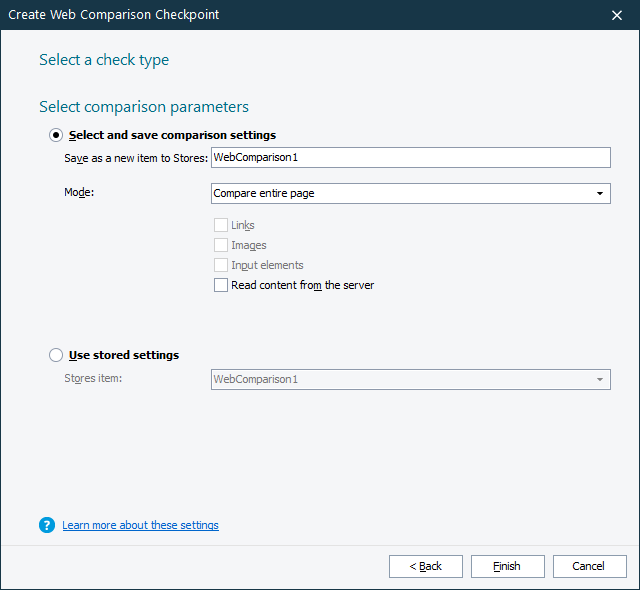Web Comparison Checkpoint: Specifying Checkpoint Parameters Web Comparison Checkpoint: Specifying checkpoint parameters