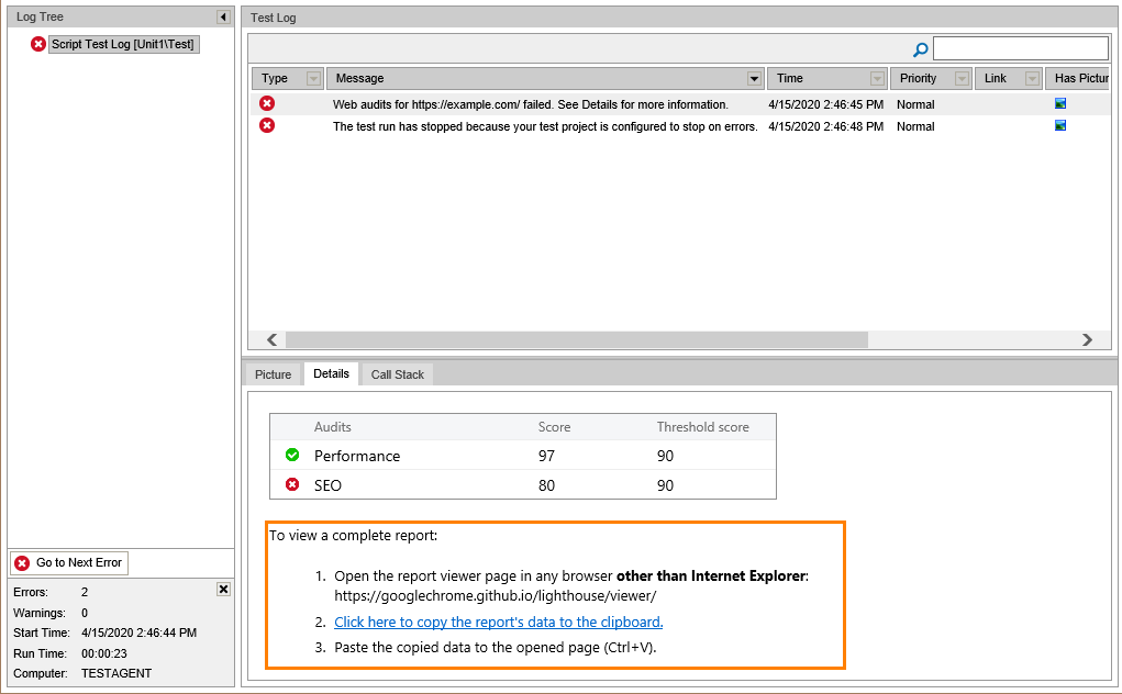 Opening a Complete report of Web Audits checkpoints Opening a Complete report of Web Audits checkpoints