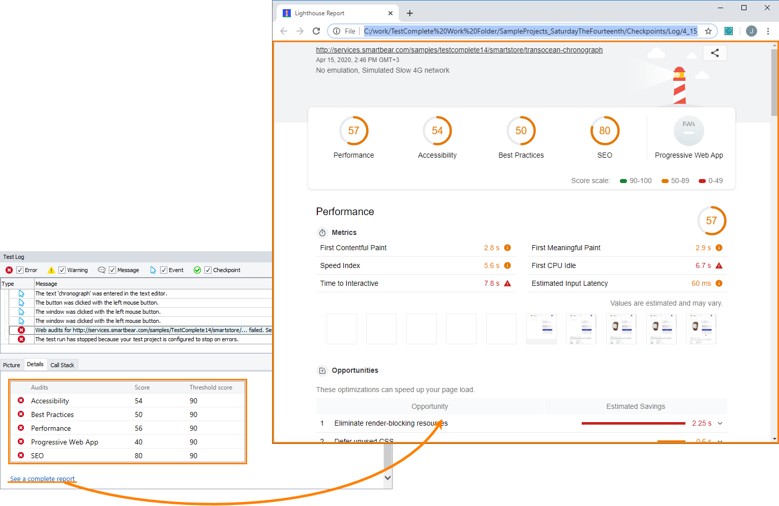 The test log result for the Web Audits checkpoint The test log result for the Web Audits checkpoint