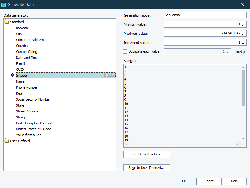 Generate Data dialog Generate Data dialog