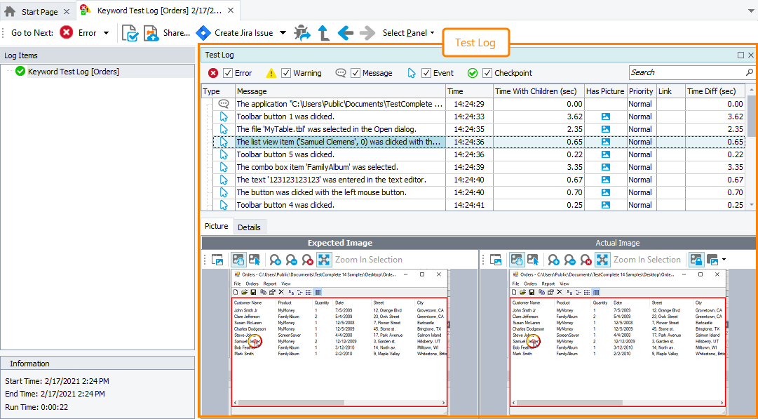 The Test Log panel The Test Log panel