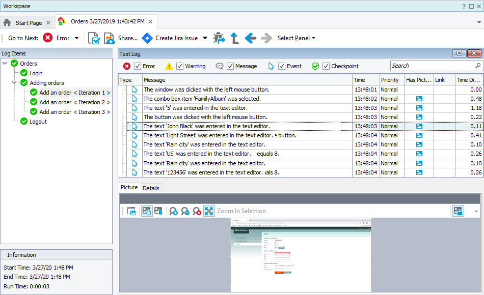 The Log Items panel The Log Items panel