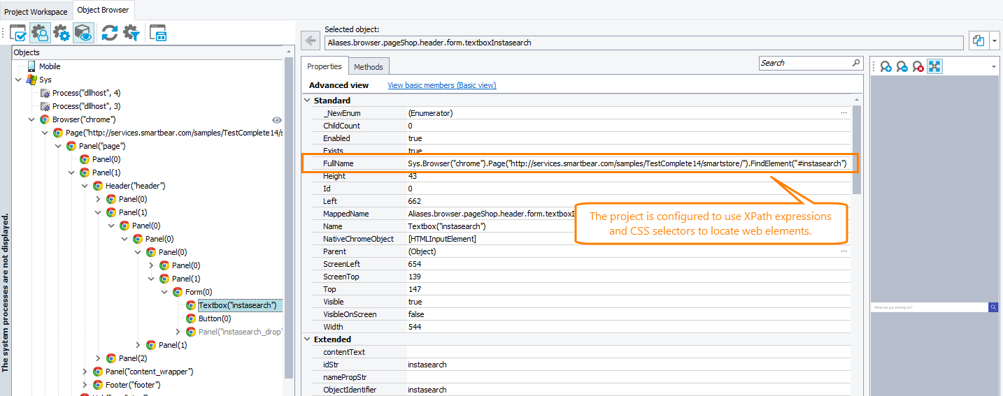 Addressing objects when Name Mapping is used and the project is configured to use XPath expressions and CSS selectors to locate web objects Addressing objects by its FullName and the project is configured to use XPath expressions and CSS selectors to locate web objects