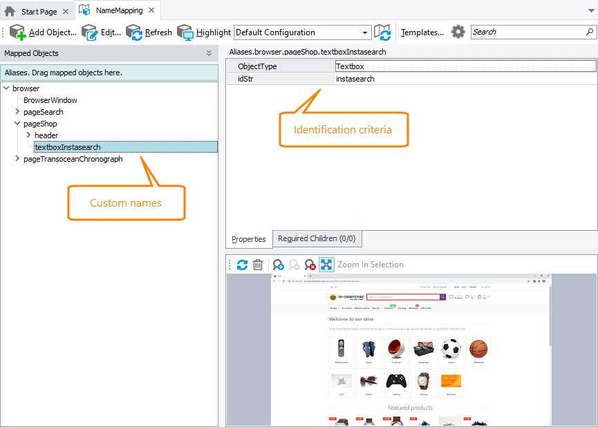 Addressing objects when Name Mapping is used and the project is configured to use identification properties to locate web objects Addressing objects when Name Mapping is used and the project is configured to use identification properties to locate web objects